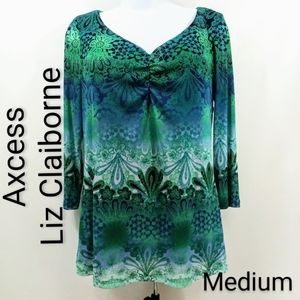 Axcess Claiborne Aqua Damask Ruched V-Neck Tunic
